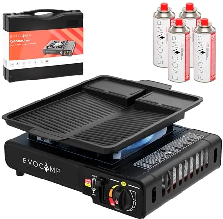 Gaskocher 1-flammig mit Piezozündung, Campingkocher für Gaskartuschen MSF-1a 227 g, Camping Herd mit Tragekoffer - Ideal für Outdoor mit 4 Gaskartuschen + Grillplatte 36 cm