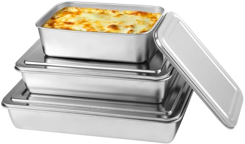 Juego de 3 piezas para hornear de acero inoxidable con tapas, moldes rectangulares antiadherentes, 3 tamaños para pan, pasteles y más