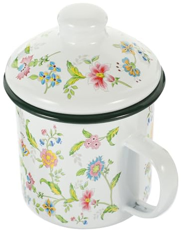 MUELODSIC Emaille Becher mit Deckel 500ml Robuste Emaille Glatte Oberfläche Bequemer Griff für Büro und Alltag im Vintage Landhausstil