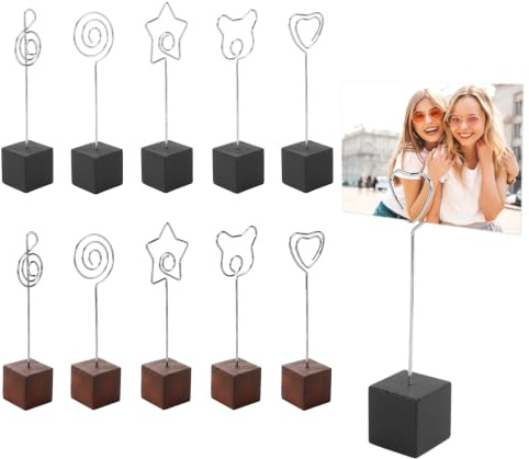 JINGIHE 10 stycken Memo Clip hållare stativ, korthållare trä, bordskorthållare, bord med träbas fotohållare vykortställ för bröllopsfest, dekor hemdekoration, kontor