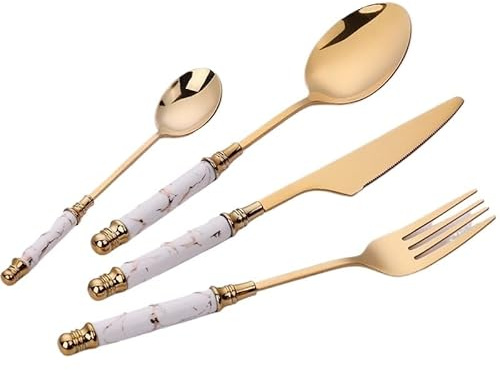 Sporks stainless steel, Dish Set,Silverware Flatware, 4 Pcs Ceramic Handle Stainless Steel Cutlery Creative Marble Crack Emerald Steak Knife Fork Spoon Dessert(White)
