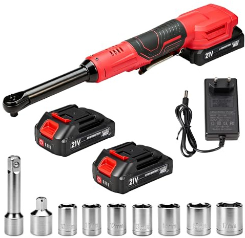 LithiCraft Llave de Trinquete Eléctrica 21V, Carraca Inalámbrica con Cuello Largo 15cm, Par Máx 85Nm, 400 RPM, 2x Baterías 2.0Ah, Cargador Rápido, 7 Vasos y Adaptadores para Coche y Bricolaje