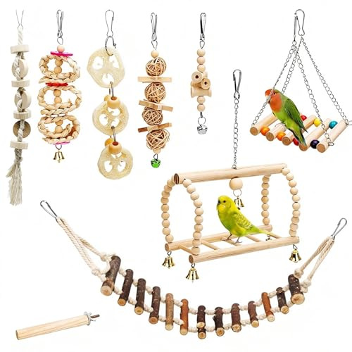 Bird Toys, 9 Pcs Bird Parrot Swing Chewing Toy with Standing Climbing Ladder Hanging Bell Wooden Swing, Hanging Cage Toys for Love Birds, Parakeet, Budgerigar, Finches, Cockatiel