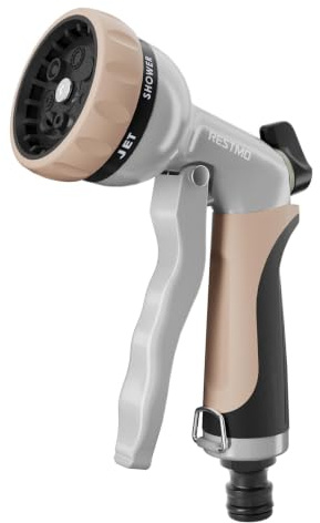 RESTMO Gartenbrause & Gartenspritze, Heavy Duty Metall Handbrause Garten | Gartenschlauch Spritze, 7-Funktionen Spritzdüse, Einstellbarer Wasserdurchfluss für Bewässerung, Autowaschen, Gold