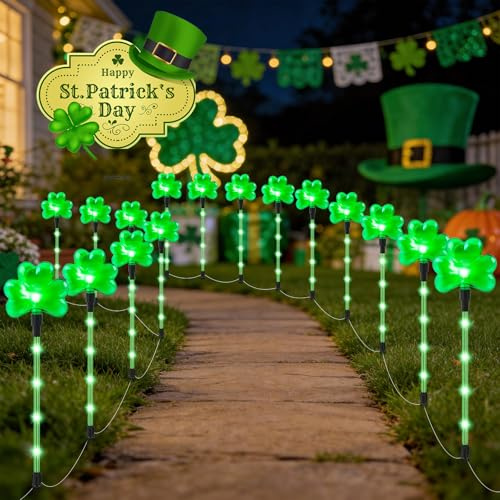 MaxAwe 12 Packs Shamrock Pathway Lights Outdoor Decorations for St. Patricks Day, Green Lucky Clover w/ 8 Modes Lighting Auto ON/Off Waterproof Stake Lights for Festive Outside Garden, Yard Decor