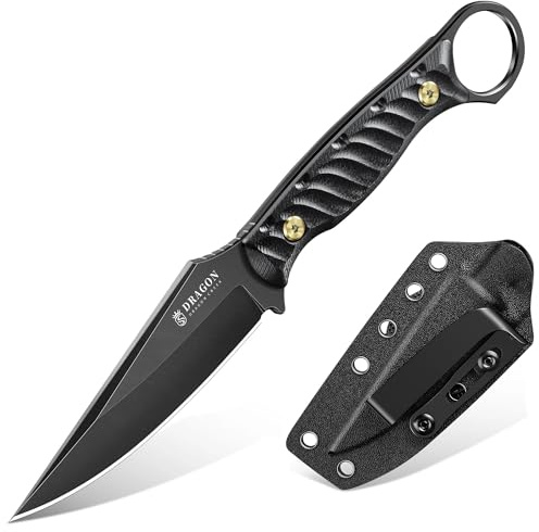 Dragon Creek Feststehendes Outdoor Messer mit Kydex-Scheide, Kompaktes D2 Stahl Allzweckmesser mit 9,5 cm Drop-Point-Klinge für Camping, Wandern & Freizeit (Schwarz)