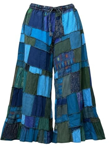 Ezhippie Women’s Boho Patchwork Flowy Cotton Wide Leg Palazzo Pants Elastic Waist Drawstring Hippie Festival Outfit