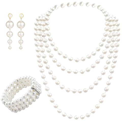 GifBasg Set de Joyas de Perlas Vintage Años 1920, Incluye Pendientes, Pulsera Elástica de 3 Filas y Collar Largo para Fiestas, Bodas, Graduaciones y Eventos Especiales, Elegancia Retro y Versatilidad