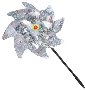 CIYODO Lot de 5 Moulins à Vent Réfléchissants Argentés Paillettes, Dispositif Anti-Oiseaux pour Jardin et Verger, Protection Extérieure Solide et Facile à Installer, Accessoire Décoratif