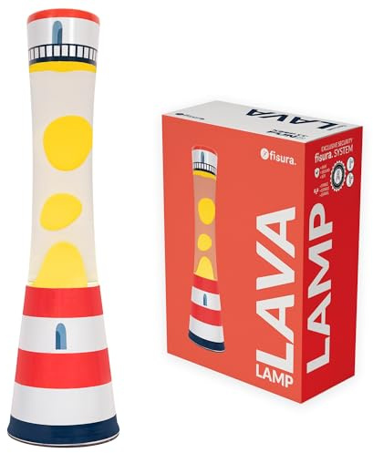 Fisura – Lampe à lave effet phare. Lampe décorative relaxante pour maison ou bureau, design original avec base imprimée et lave jaune, ampoule de rechange incluse, 11 x 11 x 39,5 cm