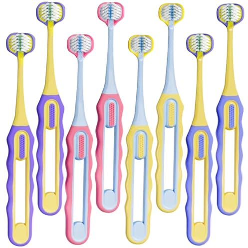COACOM Cepillos De Dientes De Tres Caras De 8 Piezas con Cerdas Suaves Y Mangos Antideslizantes, Limpieza Suave De 360°, Adecuados para Niños De 3 A 12 Años.