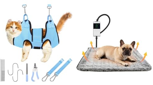 PatiencET Bundle of Cat Grooming Hammock for Nail Trimming Pet and Cat Heating Pad with 6-Temp & 5-Timer