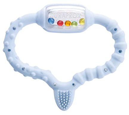 Curaprox Baby Teething Ring - för spädbarn 0-24 månader/lugnar Tandbesvär och stöder motorisk utveckling/BPA-fri, blå, med Träningstandborste/Tillverkad i Schweiz