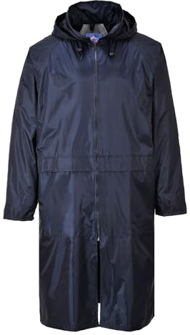 Portwest S438 Classic Waterproof Long Rain Coat with Hood - Lightweight Breathable Hiking Outdoor Mac Jacket, Navy, XL