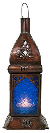 Orientalische Glaslaterne Talba edel aus Metall und Glas in Blau 21 cm