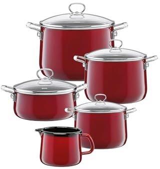 Riess, 0546-008, Emaille Topf Sparset 5tlg. NOUVELLE, ROSSO, Emaille, Vol. (rec.): 10,0 Liter, Made in Österreich, LBH: 48,5x39,0x28,5cm, 7,380kg, Induktionskocher kompatibel, Gasherd geeignet