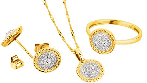 Ardeo Aurum Damen Schmuck-Set Ring Ohrringe Anhänger Kette Collier aus 375 Gold bicolor Gelbgold Weißgold mit 0,2 ct Diamant Brillant