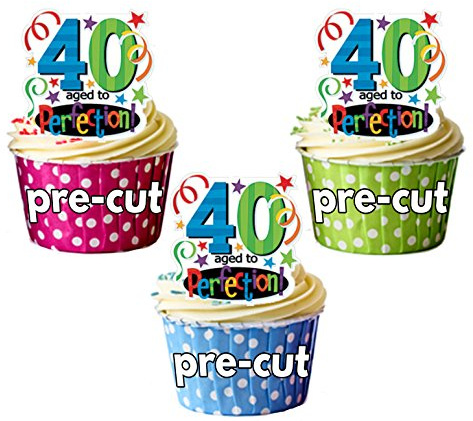 AK Giftshop PRE-CUT 40th Birthday Aged To Perfection - Edible Cupcake Toppers/Cake Decorations (Pack of 12)