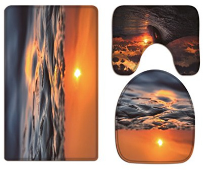 A.Monamour Badezimmer Badematte 3 Teilig Set Sonnenuntergang Zeit Blau Ozean Meer Wasser Gezeiten Highlights Kissen Pads Flanell Saugfähig Badteppiche Badvorleger Badgarnitur WC Vorleger