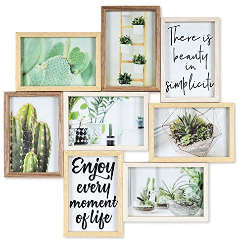 levandeo Marco de fotos, collage de 44 x 44 cm, 8 fotos de 10 x 15 cm, madera de roble natural, cristal, decoración de pared