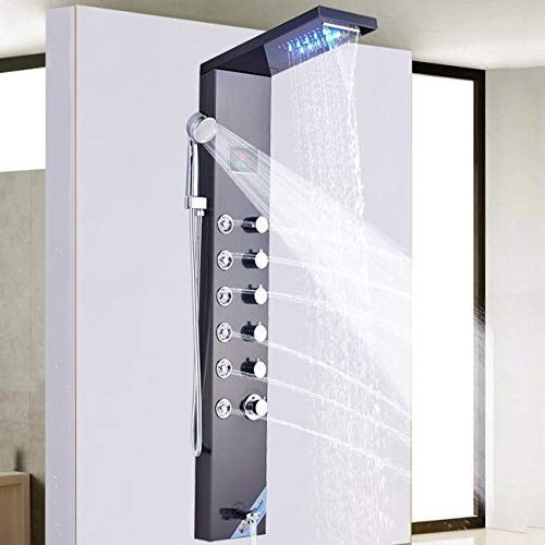 Pannello doccia a LED in acciaio inox con indicatore di temperatura e 8 getti massaggianti, colore: (nero)