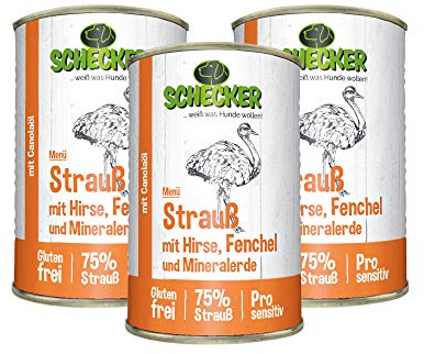 Schecker 3 x 410g Hundemenü Strauß mit Hirse Fenchel und Mineralerde Glutenfrei 75% Strauß Pro Sensitiv