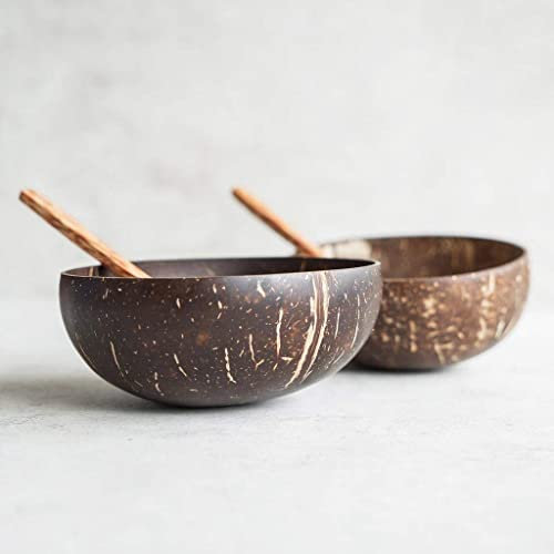 Packawin | Pack de 2 cuencos y 2 cucharas | 100% natural, | hecho a mano, pulido con aceite de coco, duradero, ligero, | fácil de limpiar, | apto para veganos Para el desayuno, |servir, |decoración.