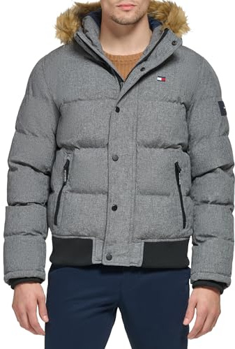 Tommy Hilfiger Men's Quilted Arctic Cloth Snorkel Bomber Jacket with Removable Hood (Standard and Big & Tall), Heather Grey, Small