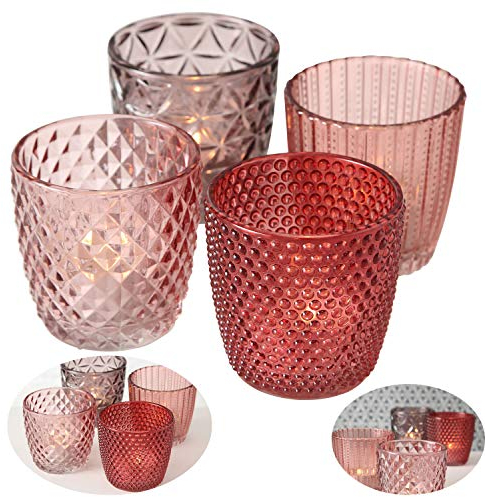 LS-LebenStil 4X Glas Teelichthalter Retro Rosa Rose 7cm 4´er Set Kristall Ornament Teelicht-Gläser Windlicht-Halter Kerzenständer Tischdeko Kerzen Deko Kerzenhalter für Teelichter Hochzeit