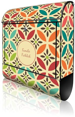 banjado Design Briefkasten personalisiert 38,5x46,5x13cm & 2 Schlüssel - Briefkasten Stahl Schwarz Zeitungsfach pulverbeschichtet - Postkasten A4 Einwurf inkl. Montagematerial - Motiv Diamant Muster