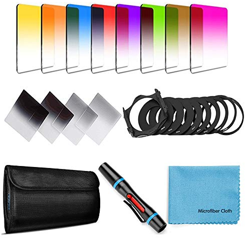 Fotover 14 PCS Square Filter Kit Graduated ND Filters Color lens filter Set for Cokin P Series with Adapter Rings(49-82mm) Filter Holder Lens Cleaning Pen and other accessories for DSLR Cameras