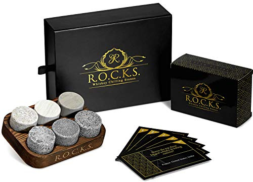 Whiskey Steine Set & Whisky-Quiz – 6 Handgefertigte Runde Premium Granit Whisky Steine – Eiswürfel Wiederver-Wendbar Whisky Geschenkset Geschenk Für Männer Quiz Mit 100 Fragen – Für Whisky-Liebhaber