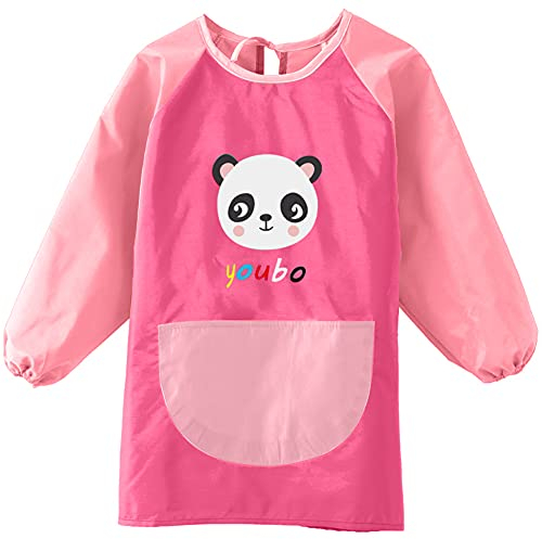 Herbests Bastelschürze Kinder, 6-9 Jahre Malkittel Malschürze Kunstkittel mit Langen Ärmeln & Taschen für Malen, Kochen, Basteln, Ton Jungen und Mädchen, Panda Rosa, HER0099358