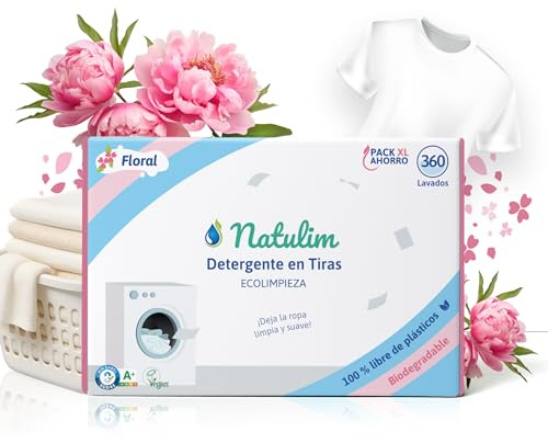 Natulim - Tvättmedelsremsor för tvättmaskiner (360 tvättar) - Inkluderar mjukgörareffekt, ekologisk, allergivänlig, avfallsfri - Kläder rena och mjuka utan att smutsa ner planeten (Blommig)