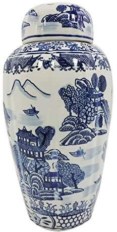 Galt International Tarro de cerámica de porcelana de jengibre estilo urna azul y blanco de 16 pulgadas, diseño clásico de paisaje de templo, decoración del hogar