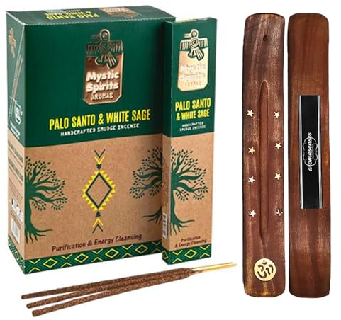 Aromasenses.- Incienso Palo Santo y Salvia Blanca Natural Hecho a Mano Mystic Spirits - Caja Completa con 12 Cajetillas de 8 Varillas Cada una + 1 Tablilla Aromasenses (Palo Santo Y Salvia Blanca)