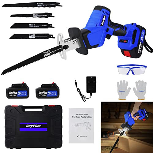 21V Battery Powered Brushless Reciprocating Saw Cordless Electric Reciprocating Saw Portable Wood Saw with 2×1.5Ah Batteries,4 Saw Blades,1 Kit Box,0-1900RPM Variable Speed for Metal Wood PVC Pipe