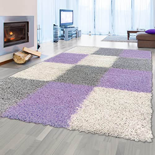 Teppich-Traum Shaggy Teppich Hochflor Karo Flieder Grau Creme 60x110 cm | Flauschig-weich, pflegeleicht, strapazierfähig, formstabil, allergikergeeignet, saugrobotergeeignet, Schlaf- & Gästezimmer