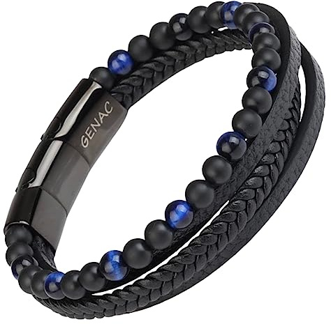 genac - Pulsera para hombre, con perlas de piedras naturales, 6 mm y piel auténtica, tejido múltiple, con cierre magnético extraíble de acero inoxidable para ajustar fácilmente la longitud.