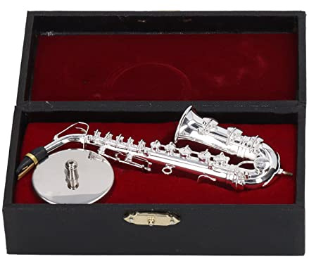 Tissting 5,5×1,6 Zoll Silber Miniatur Alt Saxophon Ornamente Metall Material Mini Sax Dekoration Musikinstrument Modell Geschenk mit Box Base Tisch Ornament