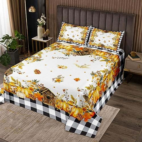 Manfei Herbst Rustikale Bauernhaus Bettwäsche Set S Größe Kürbis Pilz Ahorn Blätter Blume Tagesdecke Schwarz Weiß Plaid Tröster Set Kinder Mädchen Frauen Natur Botanische Coverlet Quilt,1 Kissenbezug