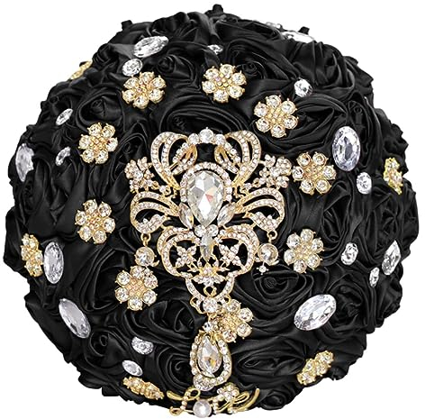 DBDJWHJ Goldene Strass-Brosche, Hochzeitsstrauß für die Braut, Brautjungfer, Bandblumen, viele Größen und Farben, W299A, Schwarz, 30 cm Durchmesser