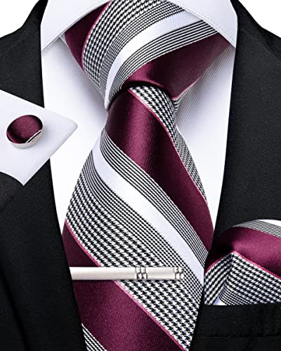 DiBanGu Herren Krawatte Set Seide Gestreift Karierte Krawatte mit Einstecktuch Manschettenknöpfe Krawattenklammer Set für Hochzeit Formell