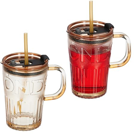 Relaxdays Jarre avec Paille, Couvercle et Anse, lot Pratique de 2, Volume : 450 ML, pour Votre Smoothie, Marron Clair