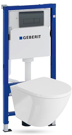 Lavita Duofix Basic Vorwandelement + Wand Tiefspül WC Sofi Weiß Spülrandlos + WC Sitz + Bedienplatte Delta 25 Schwarzer Knopf Komplettset Unterputz Spülkasten Toilette Komplett Sett WC