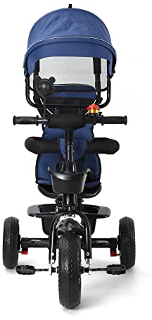 5 in 1 Dreirad für Kinder mit Haltegriff, Dreirad,Mit Schiebebügel + Markise & abnehmbaren Fußstützen & umkehrbarem Sitz, Anti-Blast-Gummireifen (Blau)
