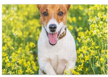 Prato di fiori di Jack Russell, Puzzle 1000 pezzi Puzzle in legno Giocattolo Gioco per famiglie Decorazione da parete per adulti Adolescenti