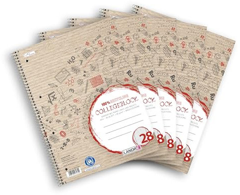 Landré Collegeblock A4 kariert, Recycling, 160 Seiten, Lineatur 28, 5 Stück