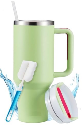 Temede Taza térmica con pajita, vaso con tapa y pajita – 40 oz/1,2 l de acero inoxidable con asa, aislamiento de doble pared, taza portátil para el coche, para exterior y oficina