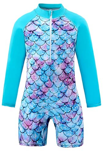 BOVOSHA Girls Mermaid Swimming Costume Kids One Piece Long Sleeve Swimsuit Swimwear Age 3-14 Years (Blue, 5-6T)